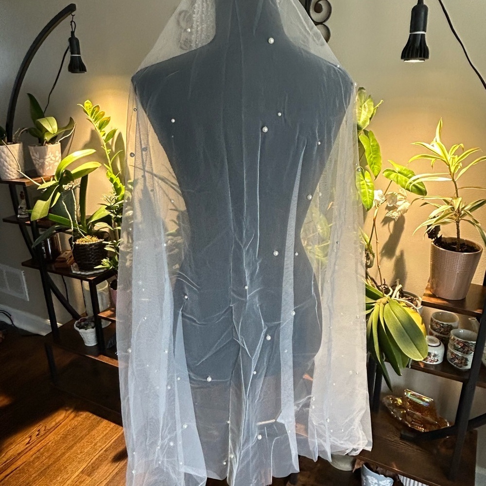 Elegant White Beaded Fingertip Bridal Veil - Picture 3 of 9